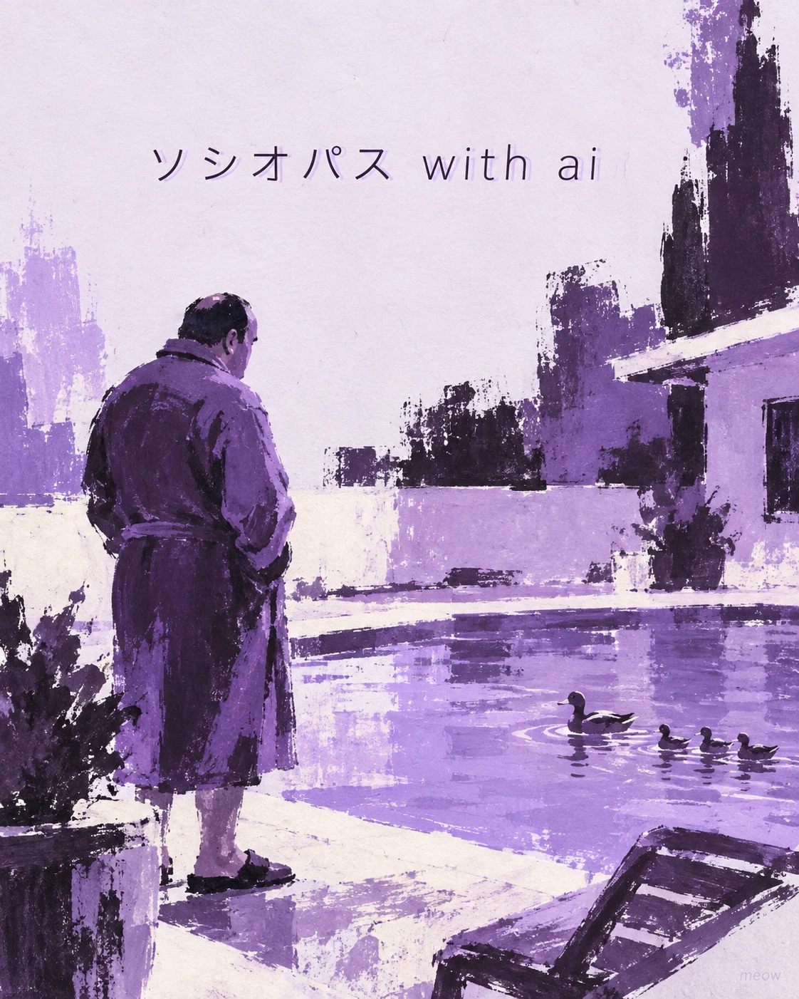Purple film-inspired study of a man beside a pool with ducks